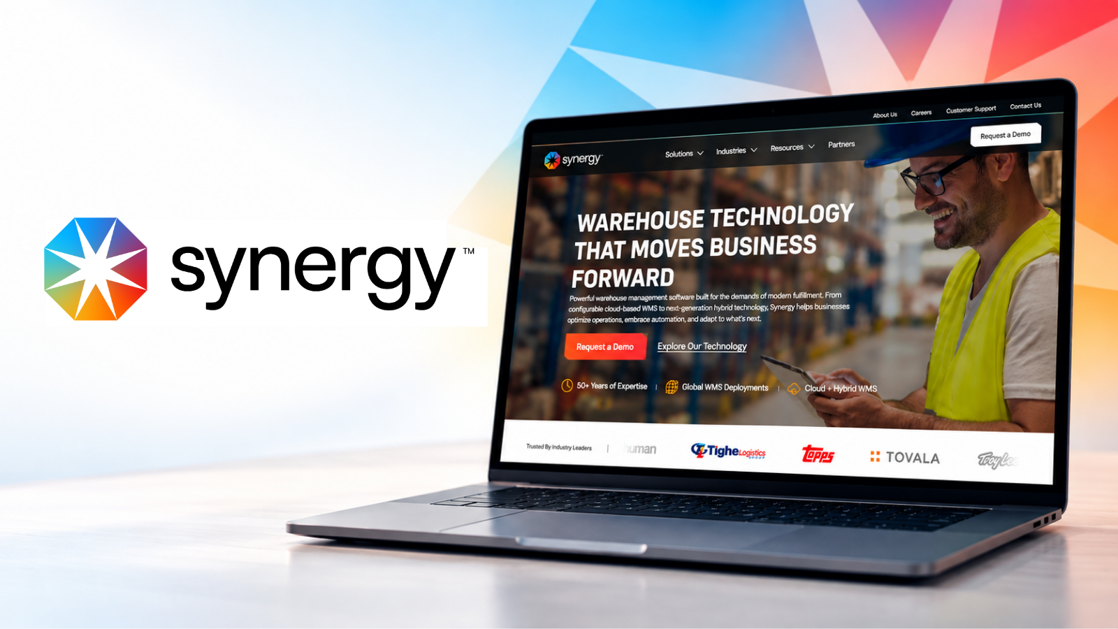 Preview of new Synergy logo and website on a laptop